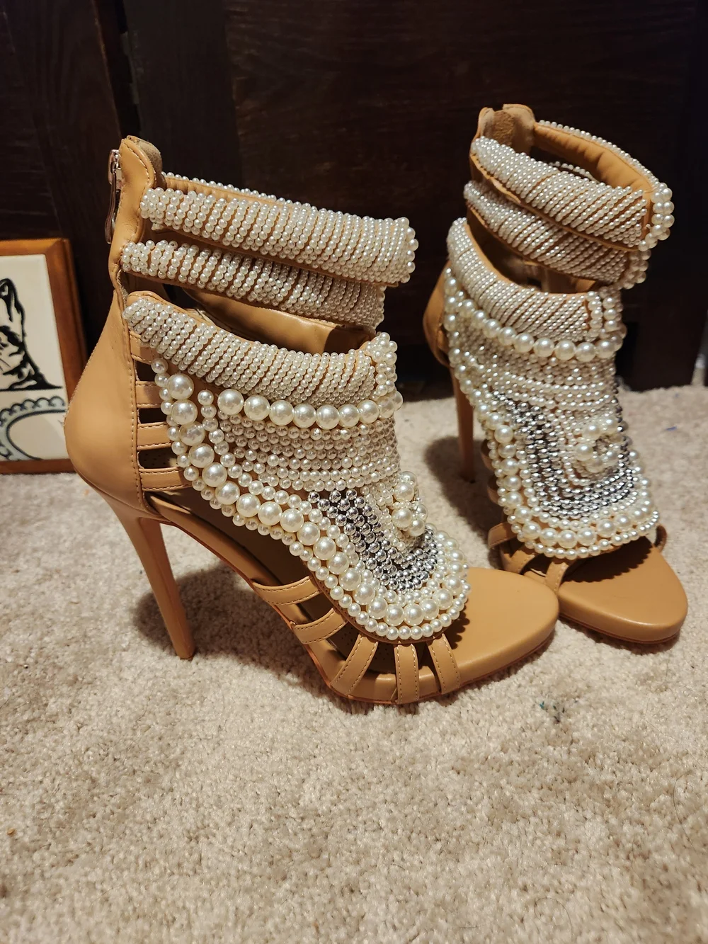 Azalea Wang Pearl-Embellished Tan High Heels - Picture 2 of 8